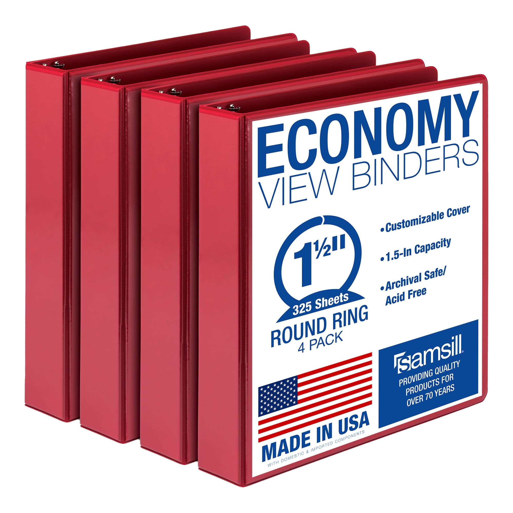 Samsill 1.5 Inch 3 Ring Binders, Made in USA, Economy Round Ring, Clear View Cover, 325 Sheet Capacity - for School, Home, Office - Red, 4 Pack