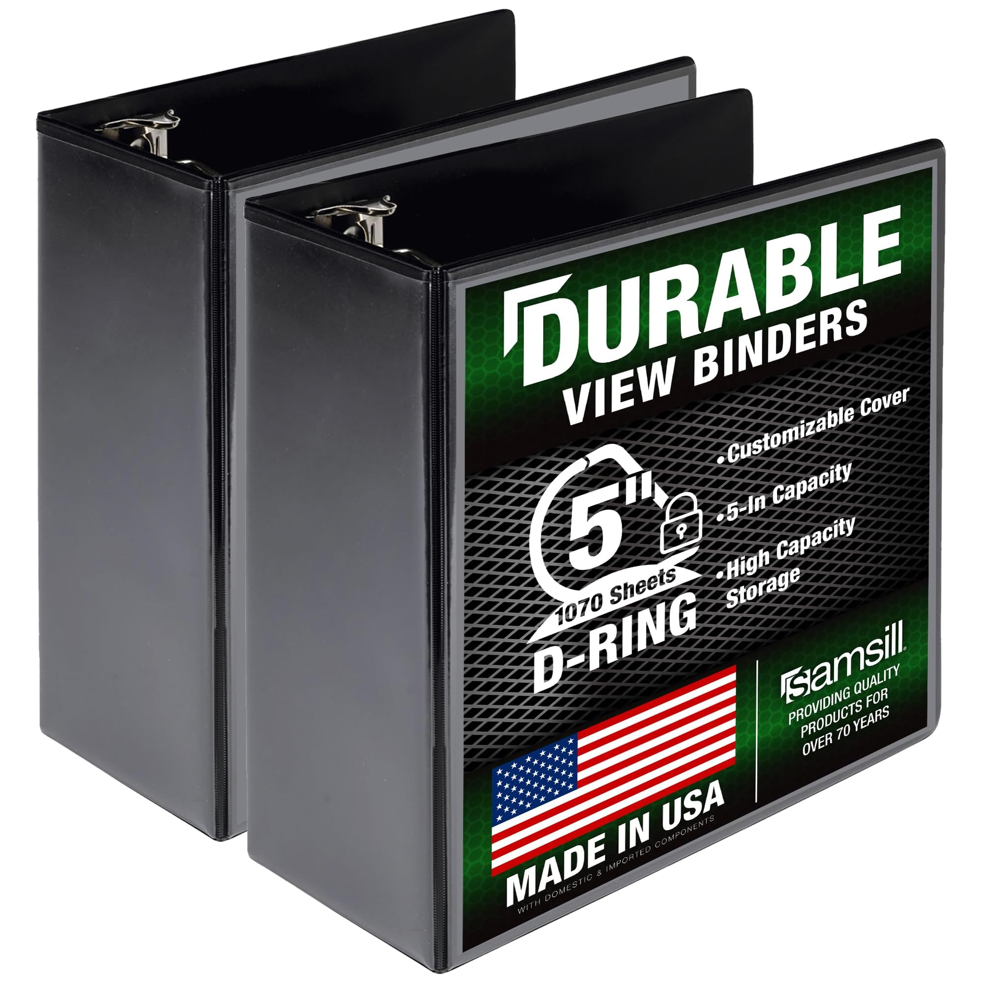 Samsill Durable 5 Inch 3 Ring Binder, D Ring Binder, Customizable Clear View, Black, 2-Pack, Holds 1070 Pages