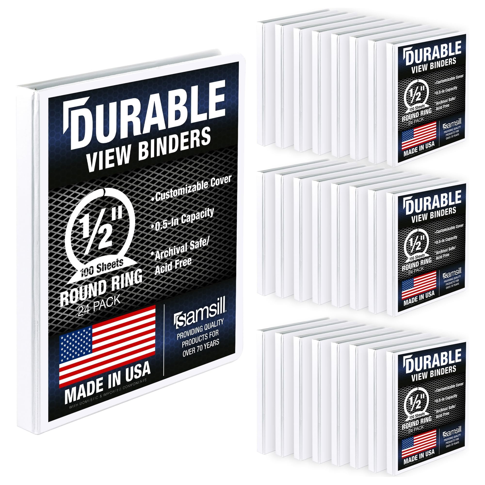Samsill 24 Pack Durable 0.5 Inch 3 Ring Binders, Round Ring, Clear View Cover for Presentations, White