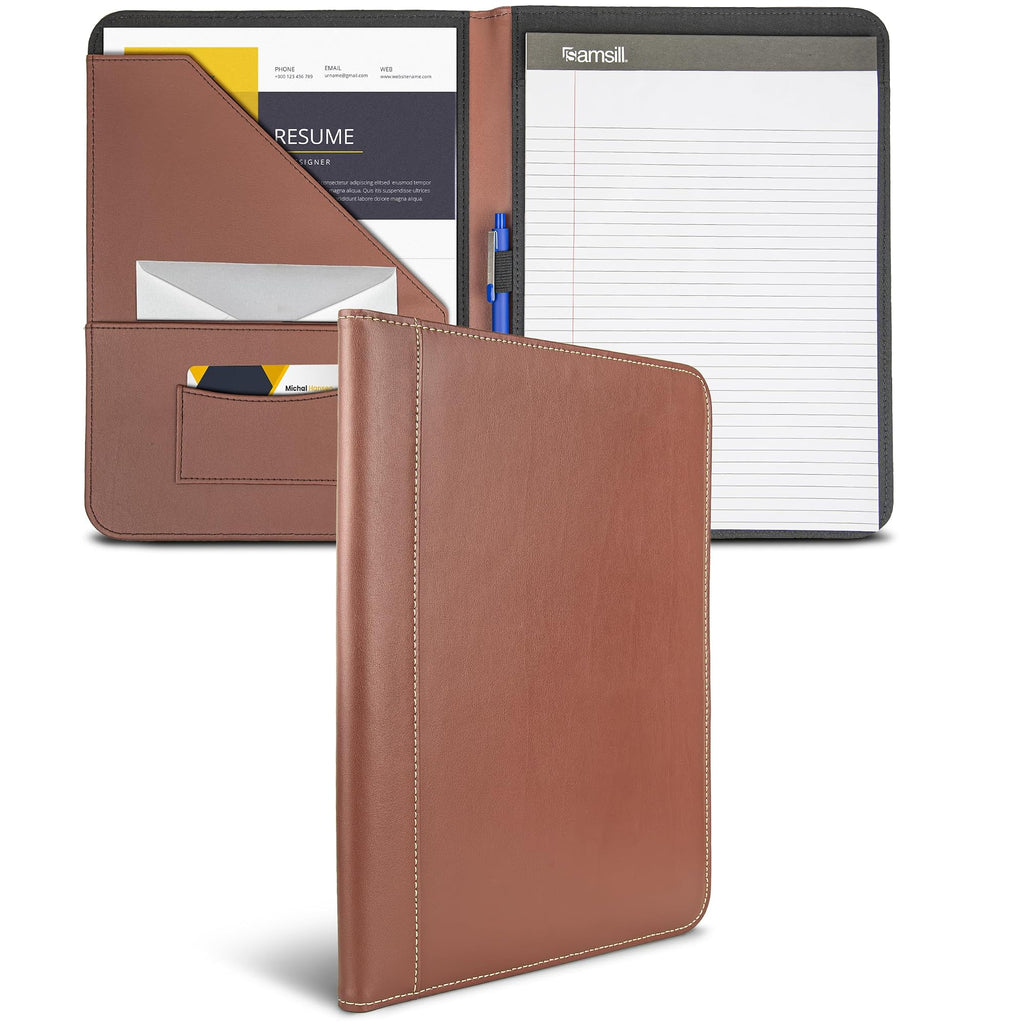 Samsill Contrast Stitch Leather Padfolio and Business Portfolio for Men and Women, Resume/Document Organizer with Writing Pad, Tan (71716)