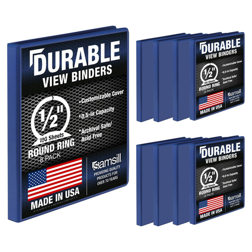 Samsill 8 Pack Durable 0.5 Inch 3 Ring Binders, Round Ring, Clear View Cover for Presentations, Blue