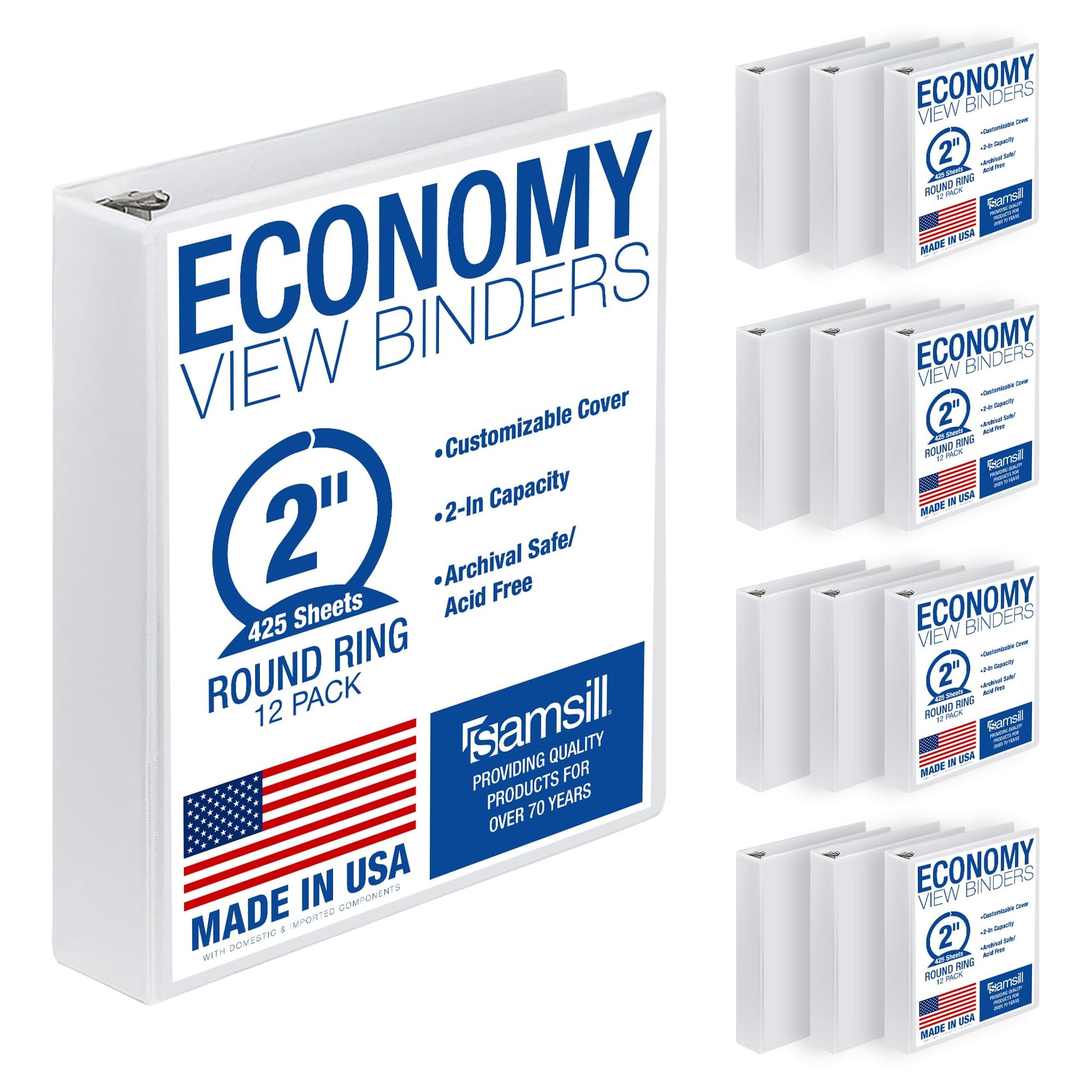 Samsill 2 Inch 3 Ring Binders, Made in USA, Economy Round Ring, Clear View Cover, 425 Sheet Capacity - for School, Home, Office - White, 12 Pack