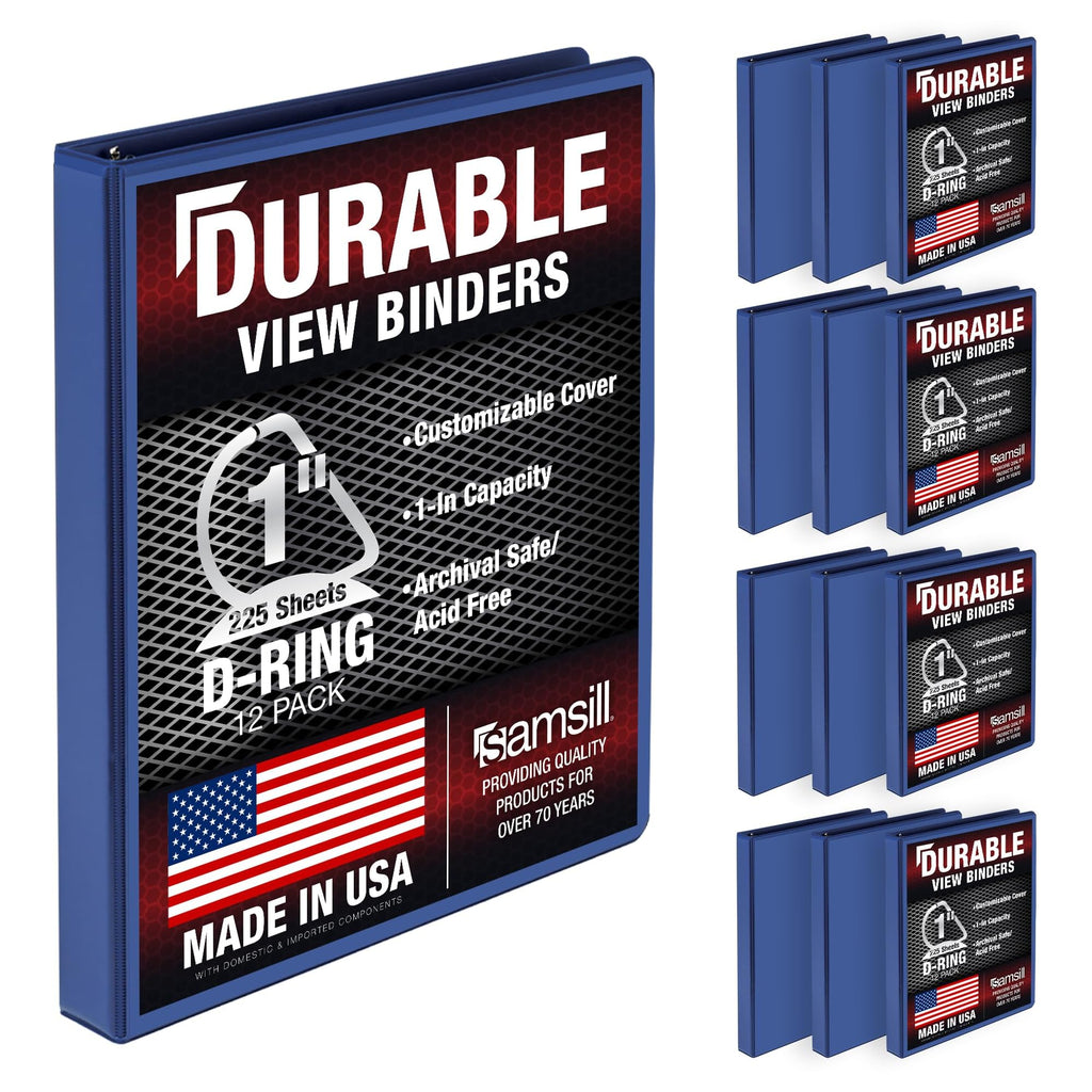 Samsill Durable 1 inch 3 Ring Binder, Made in USA, D Ring Binder, 100% Recycled Chipboard, Blue, 12 Pack