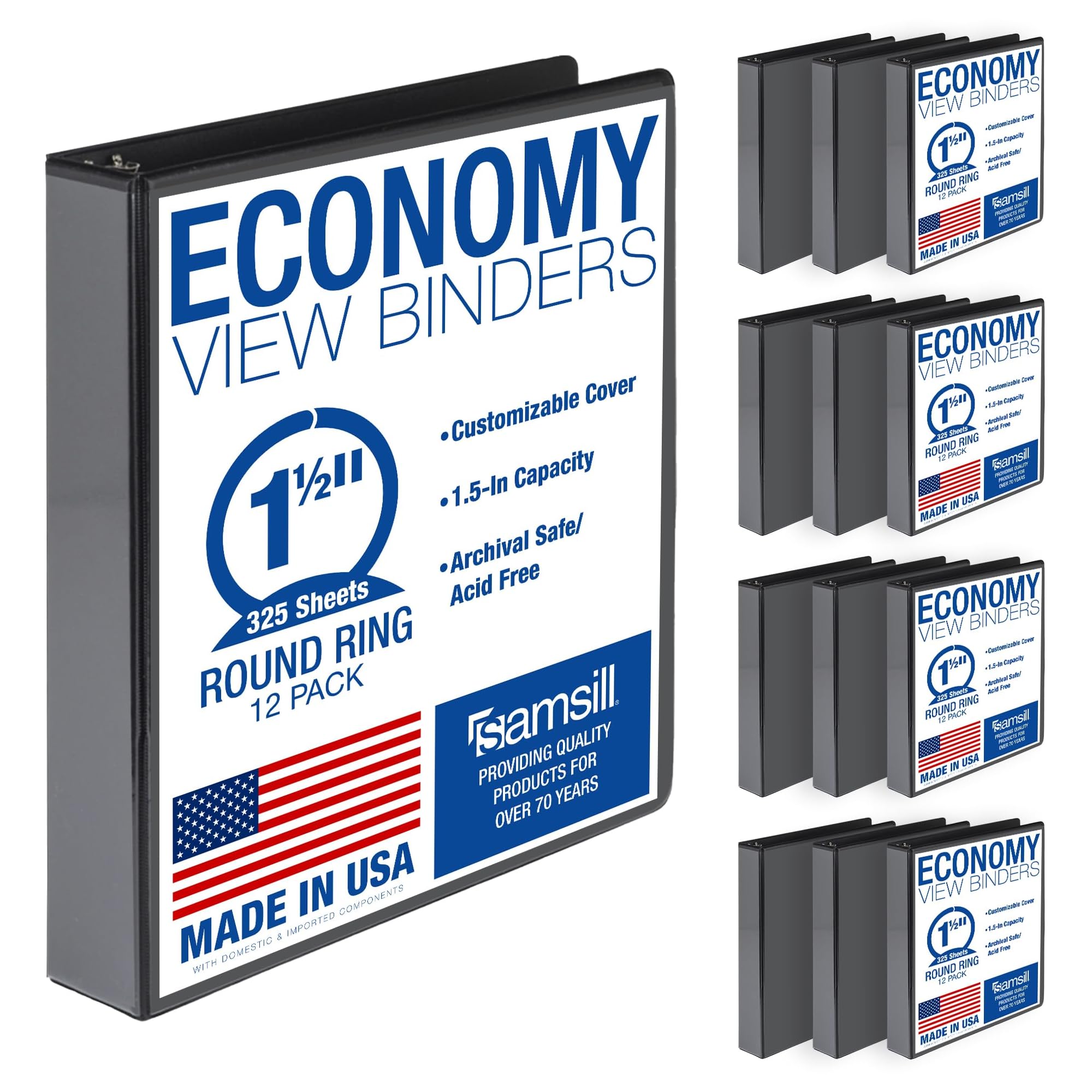Samsill 1.5 Inch 3 Ring Binders, Made in USA, Economy Round Ring , Clear View Cover, 325 Sheet Capacity - for School, Home, Office - Black, 12 Pack