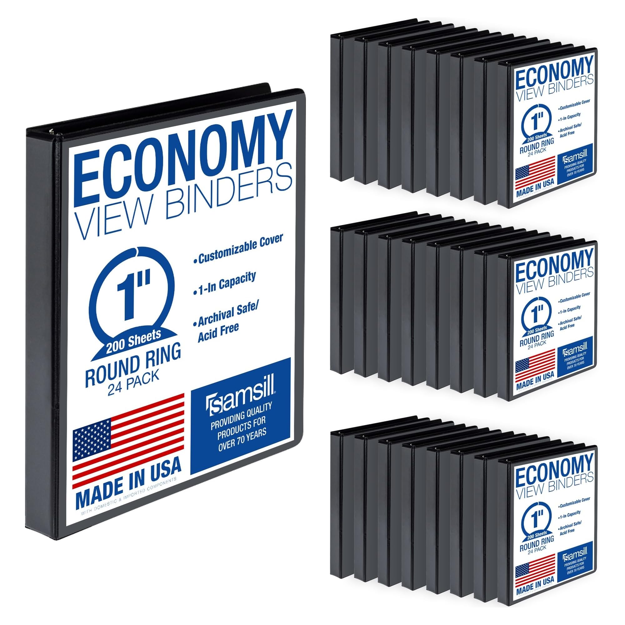 Samsill 1 Inch 3 Ring Binders, Made in USA, Economy Round Ring, Clear View Cover, 200 Sheet Capacity - for School, Home, Office - Black, 24 Pack