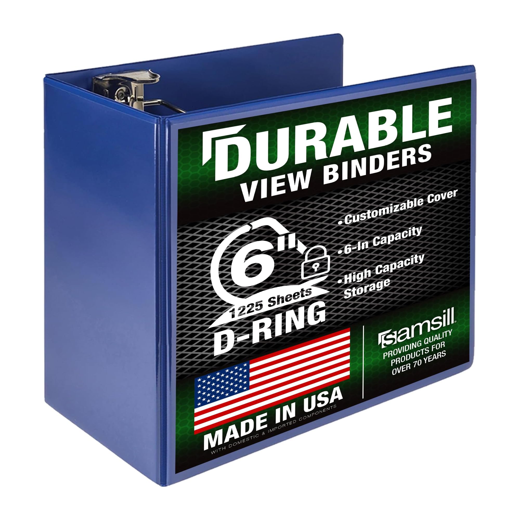 Samsill Durable 6 inch 3 Ring Binder, Locking D Ring Binder, Customizable Clear View Cover, Blue, Holds 1225 Pages