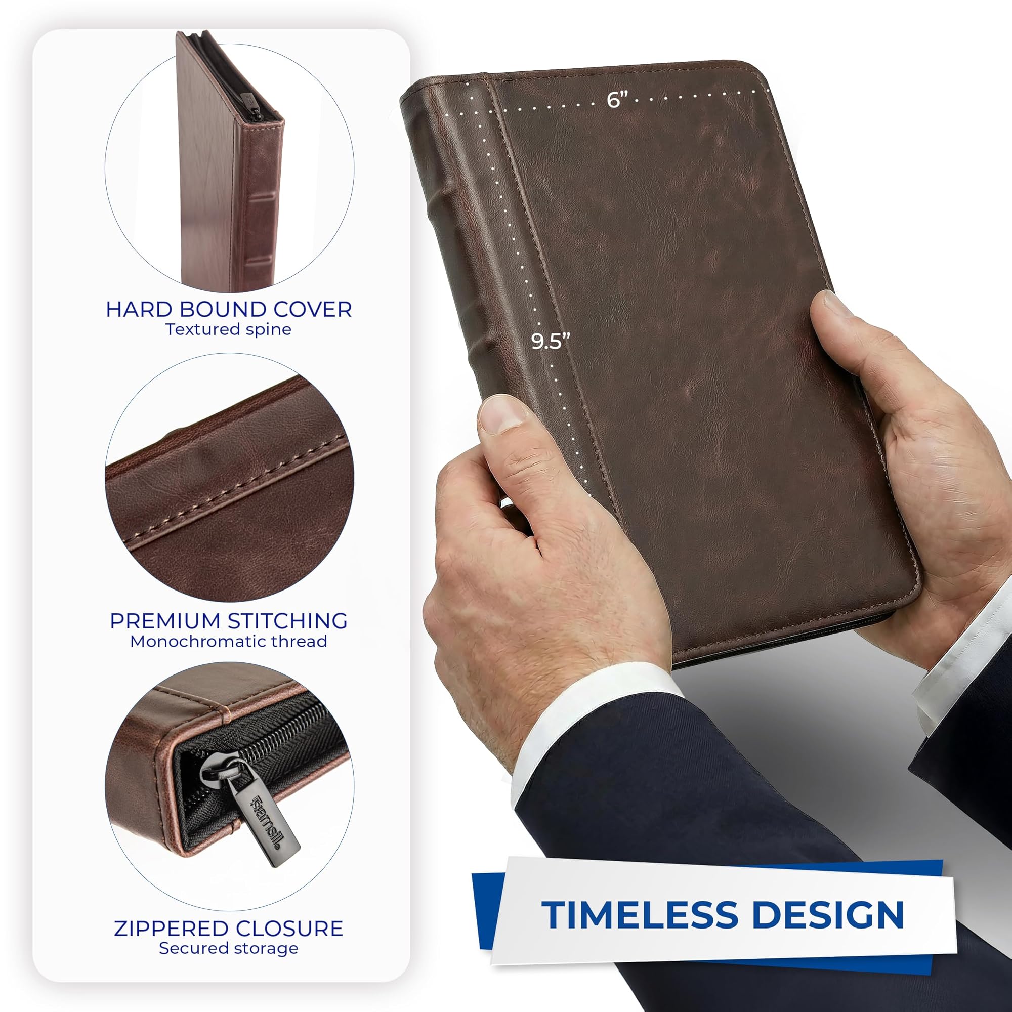 Samsill Small  Vintage Portfolio / Zipper Faux Leather Portfolio, Book Style Hardback Design, Business & Interview Padfolio Organizer, Holds 5 x 8 Writing Pad, Dark Brown