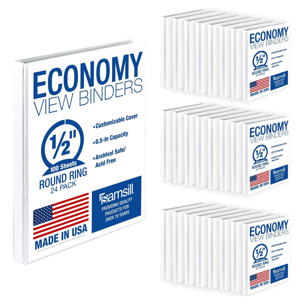 Samsill 0.5 Inch 3 Ring Binders, Economy Round Ring, Clear View Cover, 100 Sheet Capacity - for School, Home, Office - White, 24 Pack