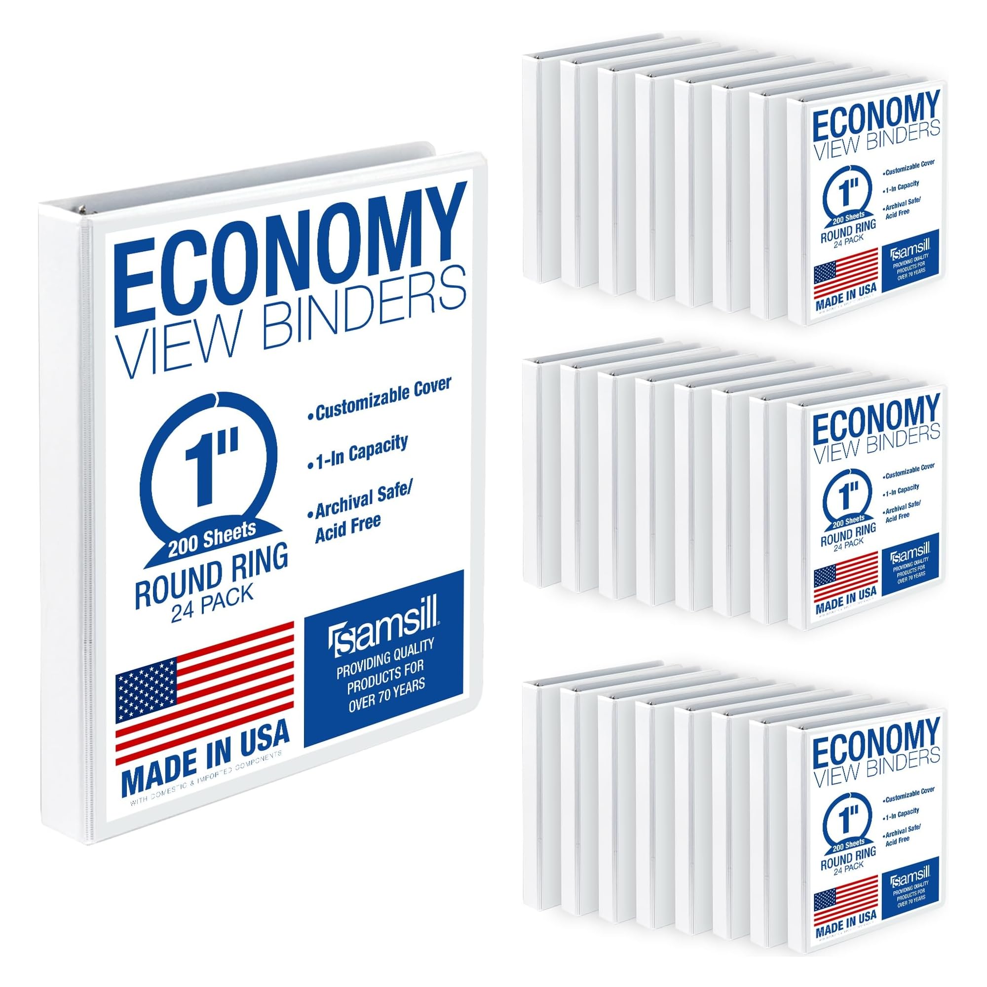 Samsill 1 Inch 3 Ring Binders, Economy Round Ring, Clear View Cover, 200 Sheet Capacity - for School, Home, Office - White, 24 Pack