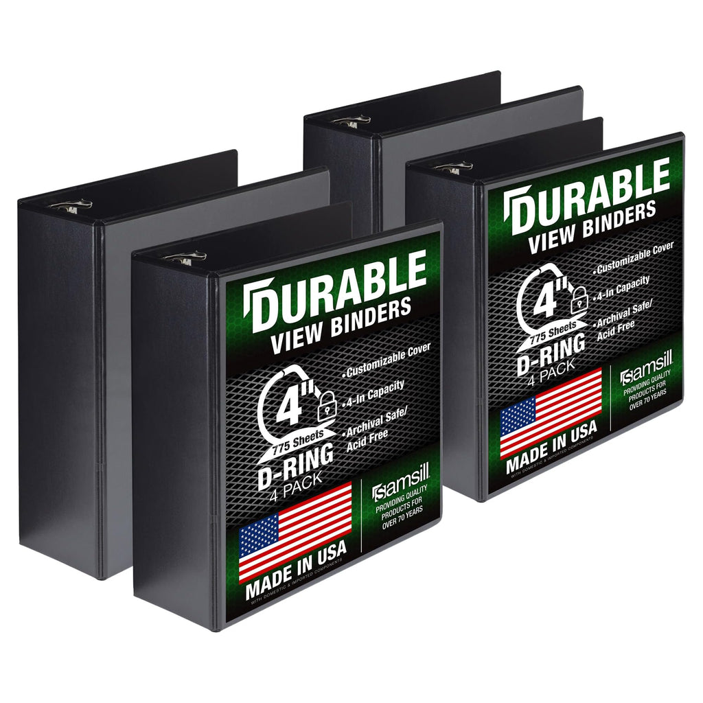 Samsill Durable 4 inch 3 Ring Binder, Made in USA, D Ring Binder,100% Recycled Chipboard, Black, 6 Pack