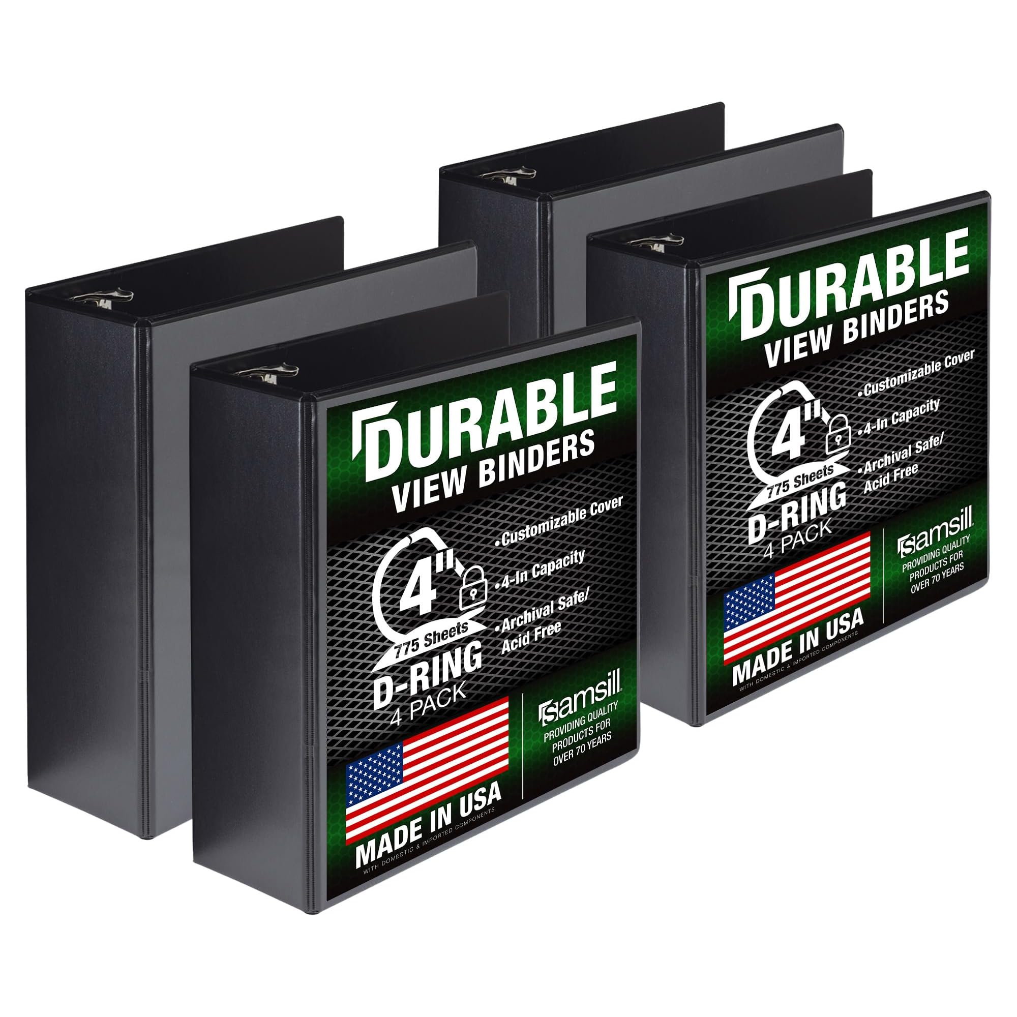 Samsill Durable 4 inch 3 Ring Binder, Made in USA, D Ring Binder,100% Recycled Chipboard, Black, 6 Pack