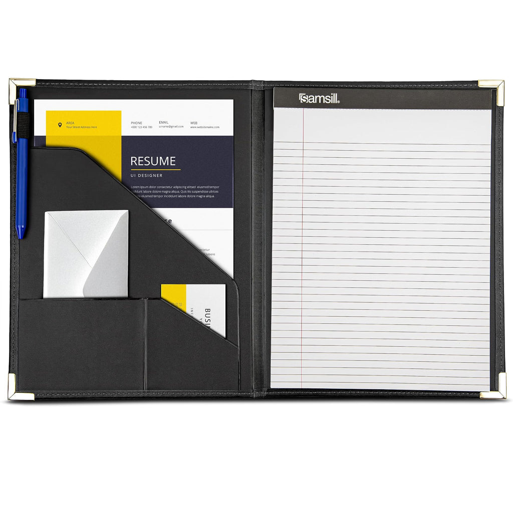 Samsill Classic Collection Business Portfolio - Executive Padfolio for Resume & Document Organizer - 8.5 by 11-Inch Legal Pad, Faux Leather with Brass Corners (Black)