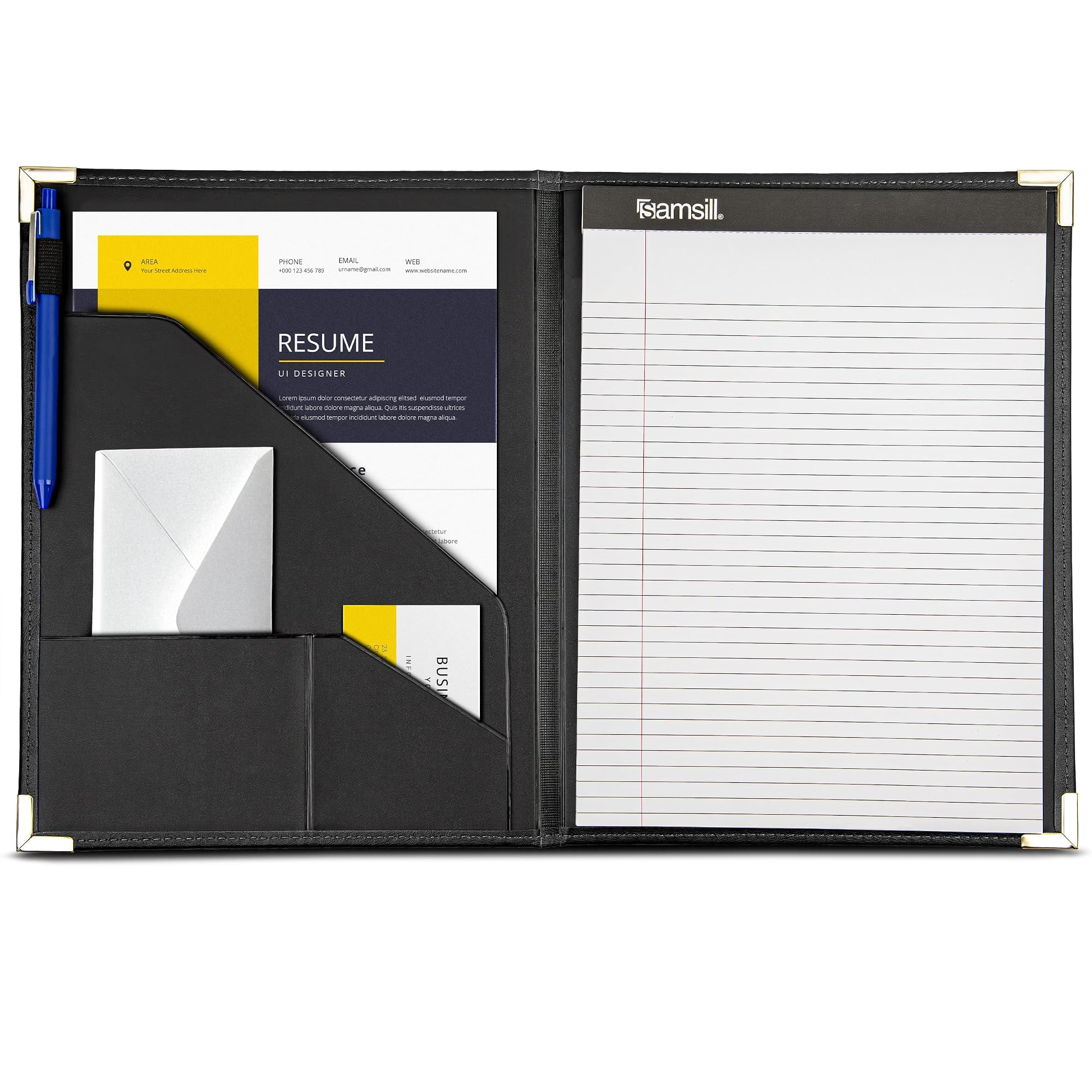 Samsill Classic Collection Business Portfolio - Executive Padfolio for Resume & Document Organizer - 8.5 by 11-Inch Legal Pad, Faux Leather with Brass Corners (Black)