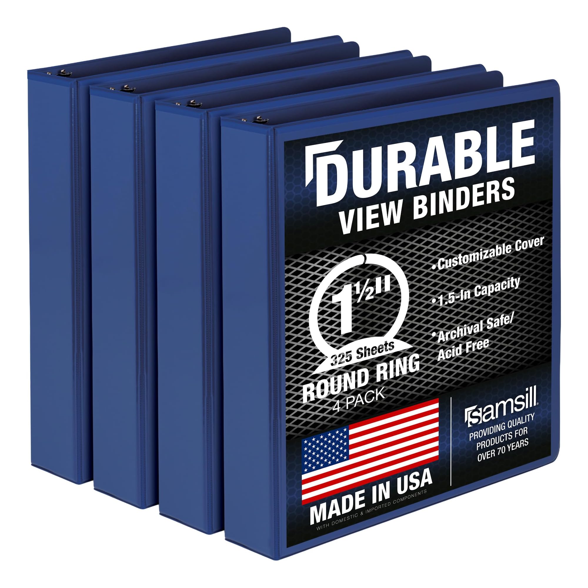 Samsill 4 Pack Durable 1.5 Inch 3 Ring Binders, Round Ring, Clear View Cover for Presentations, Blue