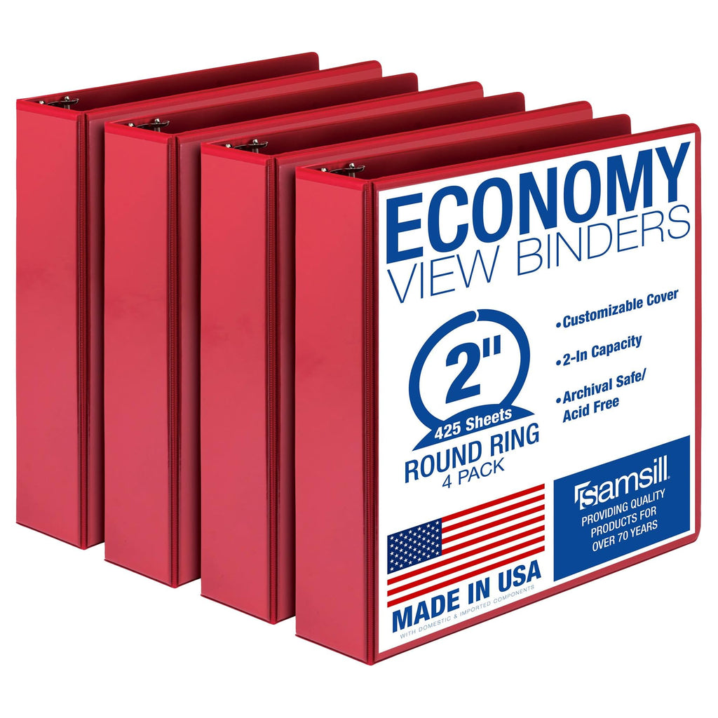 Samsill 2 Inch 3 Ring Binders, Made in USA, Economy Round Ring, Clear View Cover, 425 Sheet Capacity - for School, Home, Office - Red, 4 Pack