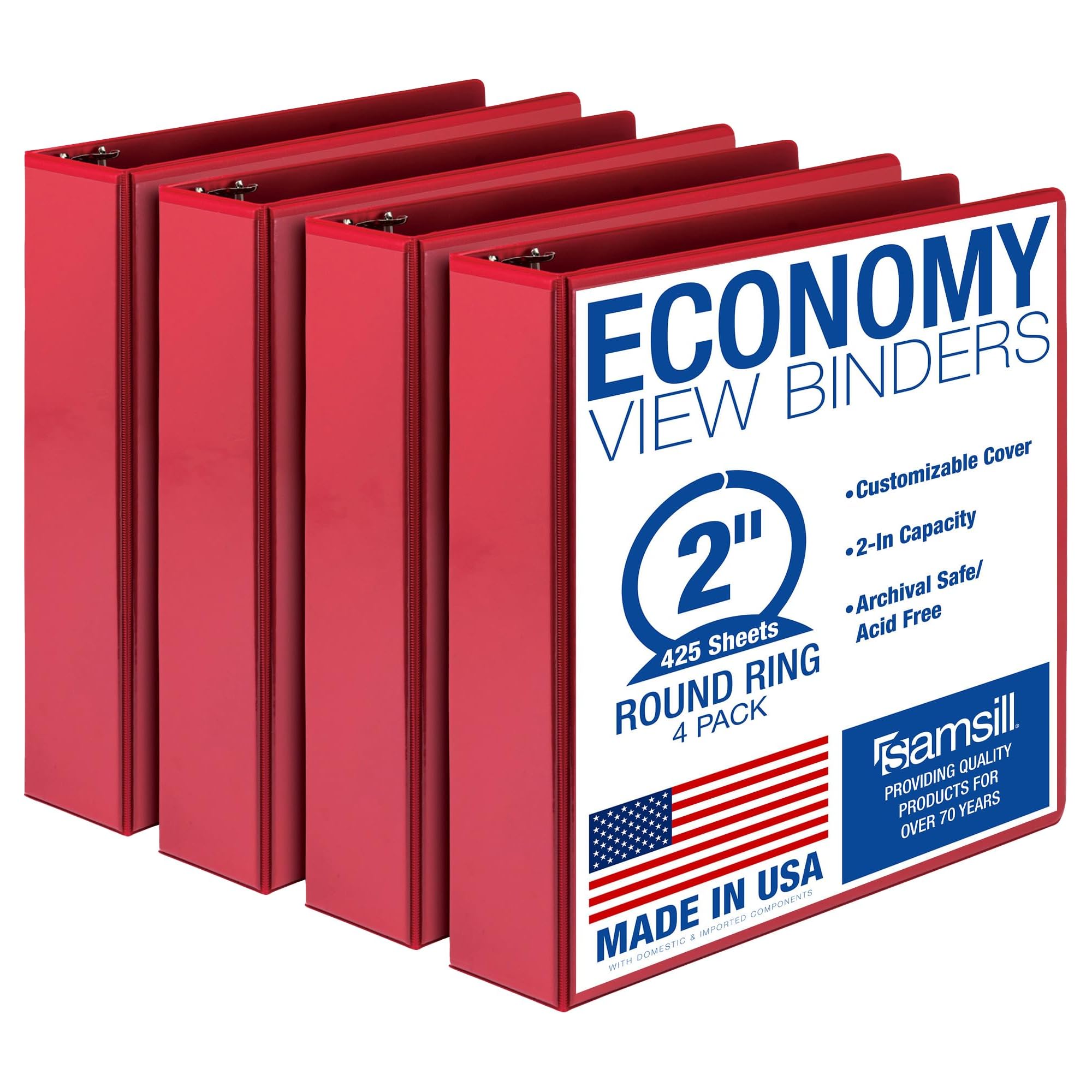 Samsill 2 Inch 3 Ring Binders, Made in USA, Economy Round Ring, Clear View Cover, 425 Sheet Capacity - for School, Home, Office - Red, 4 Pack