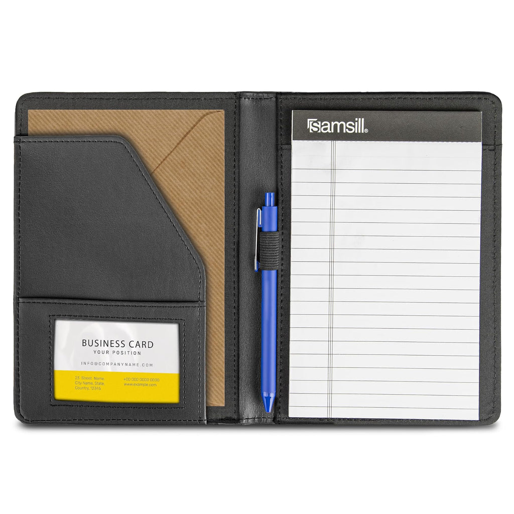 Samsill Contrast Stitch Faux-Leather Portfolio, Mini Size Business Interview Professional Padfolio, Includes 5 x 8 Inch Writing Pad, Black