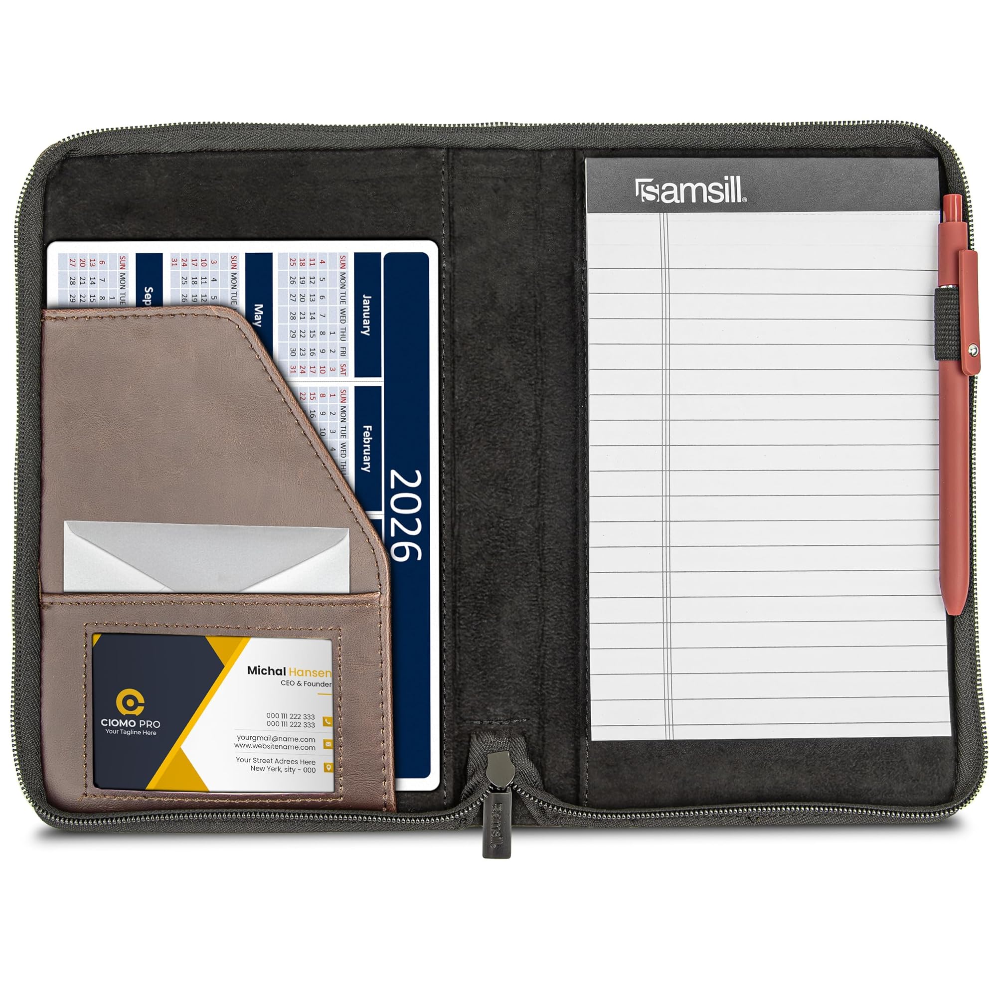 Samsill Small  Vintage Portfolio / Zipper Faux Leather Portfolio, Book Style Hardback Design, Business & Interview Padfolio Organizer, Holds 5 x 8 Writing Pad, Dark Brown