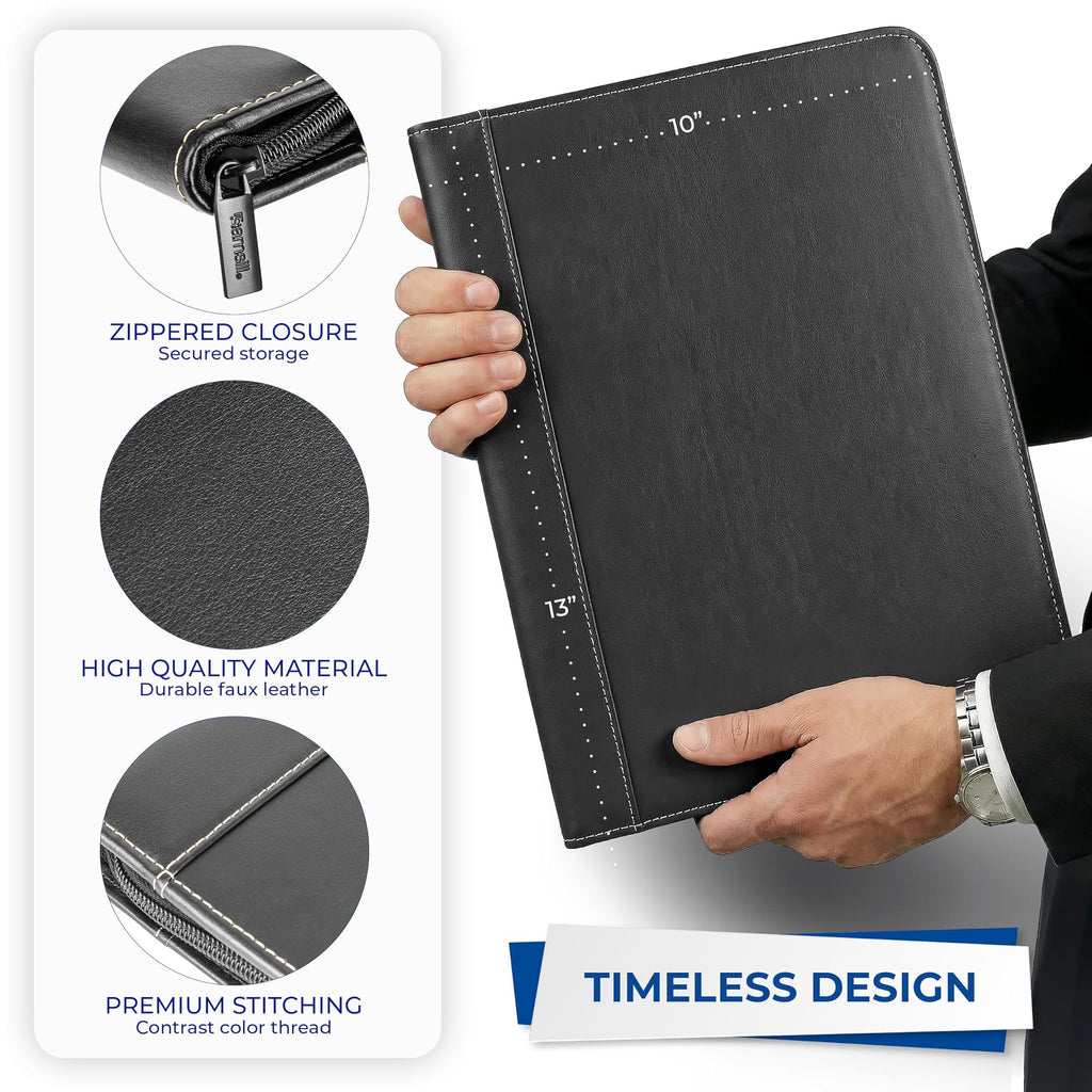 Samsill Contrast Stitch Leather Zippered Portfolio Folder/Business Portfolio for Men and Women, Resume/Document Organizer with Writing Pad, Black (71720)