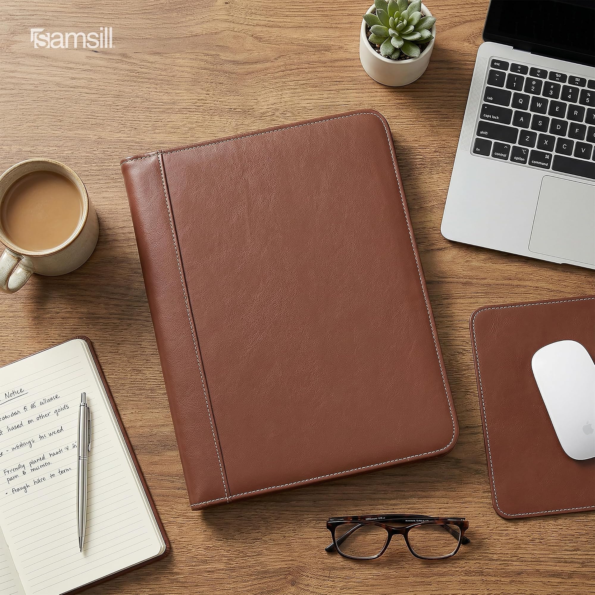 Samsill Contrast Stitch Leather Padfolio and Business Portfolio for Men and Women, Resume/Document Organizer with Writing Pad, Tan (71716)