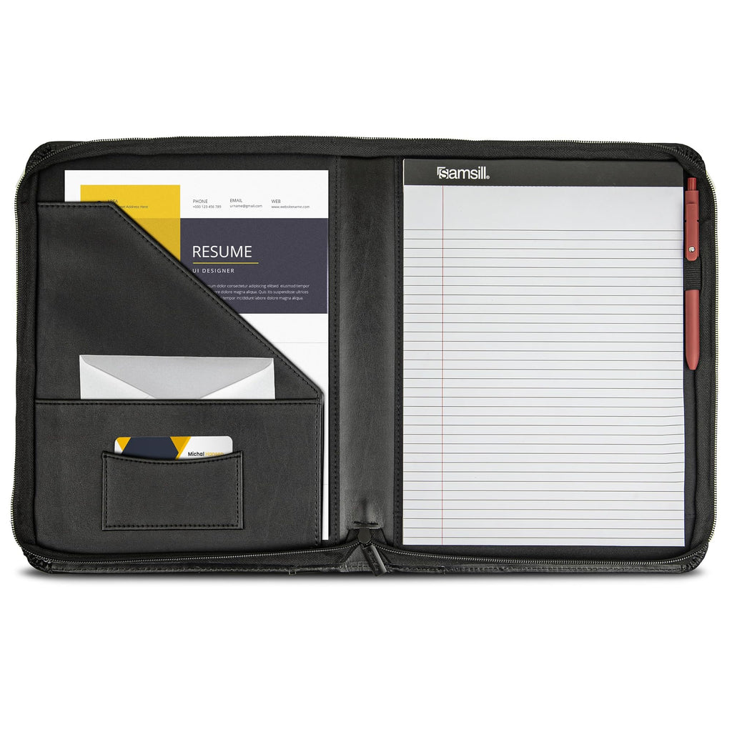 Samsill Contrast Stitch Leather Zippered Portfolio Folder/Business Portfolio for Men and Women, Resume/Document Organizer with Writing Pad, Black (71720)