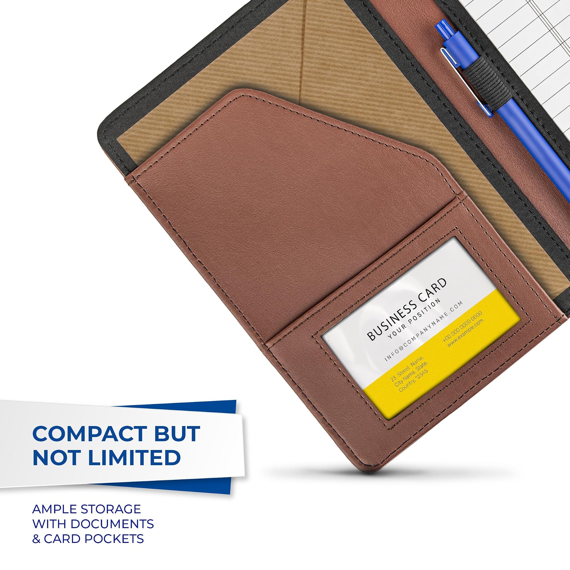 Samsill Contrast Stitch Faux-Leather Portfolio, Mini Size Business Interview Professional Padfolio, Includes 5 x 8 Inch Writing Pad, Brown