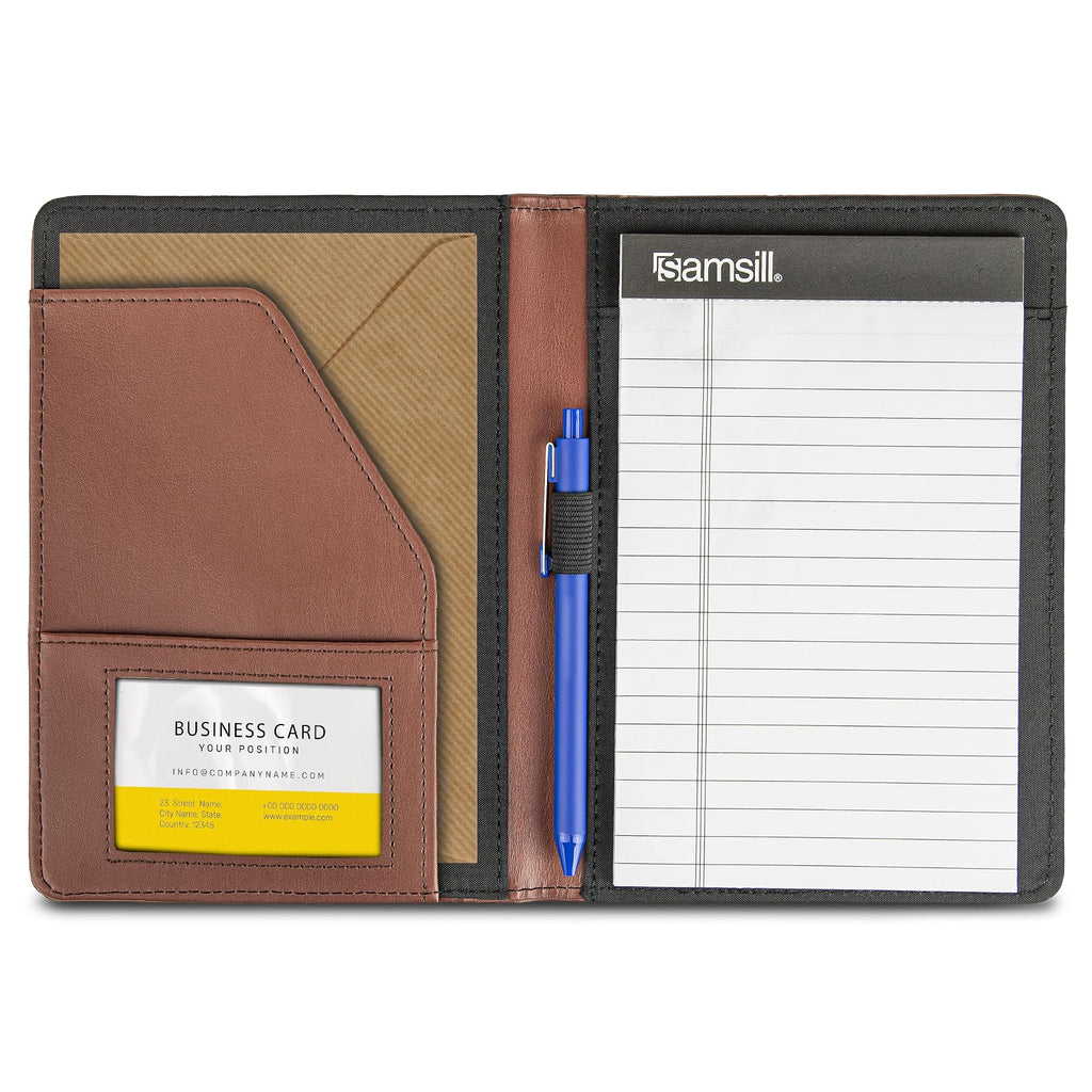 Samsill Contrast Stitch Faux-Leather Portfolio, Mini Size Business Interview Professional Padfolio, Includes 5 x 8 Inch Writing Pad, Brown
