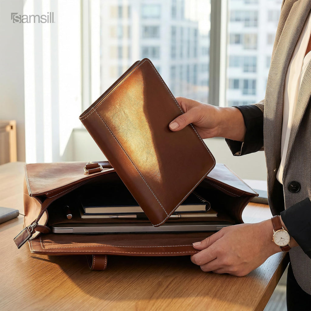 Samsill Contrast Stitch Faux-Leather Portfolio, Mini Size Business Interview Professional Padfolio, Includes 5 x 8 Inch Writing Pad, Brown