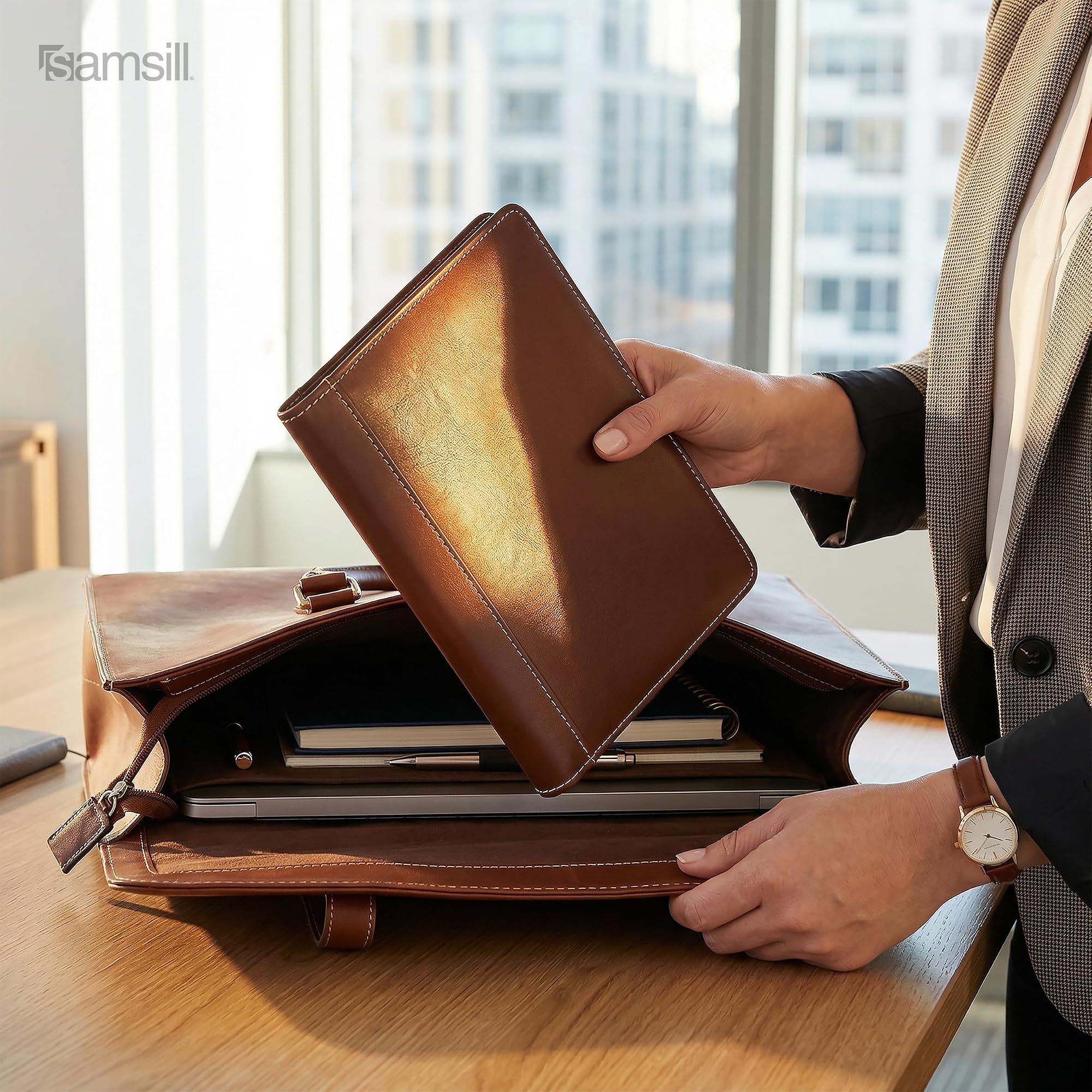 Samsill Contrast Stitch Faux-Leather Portfolio, Mini Size Business Interview Professional Padfolio, Includes 5 x 8 Inch Writing Pad, Brown