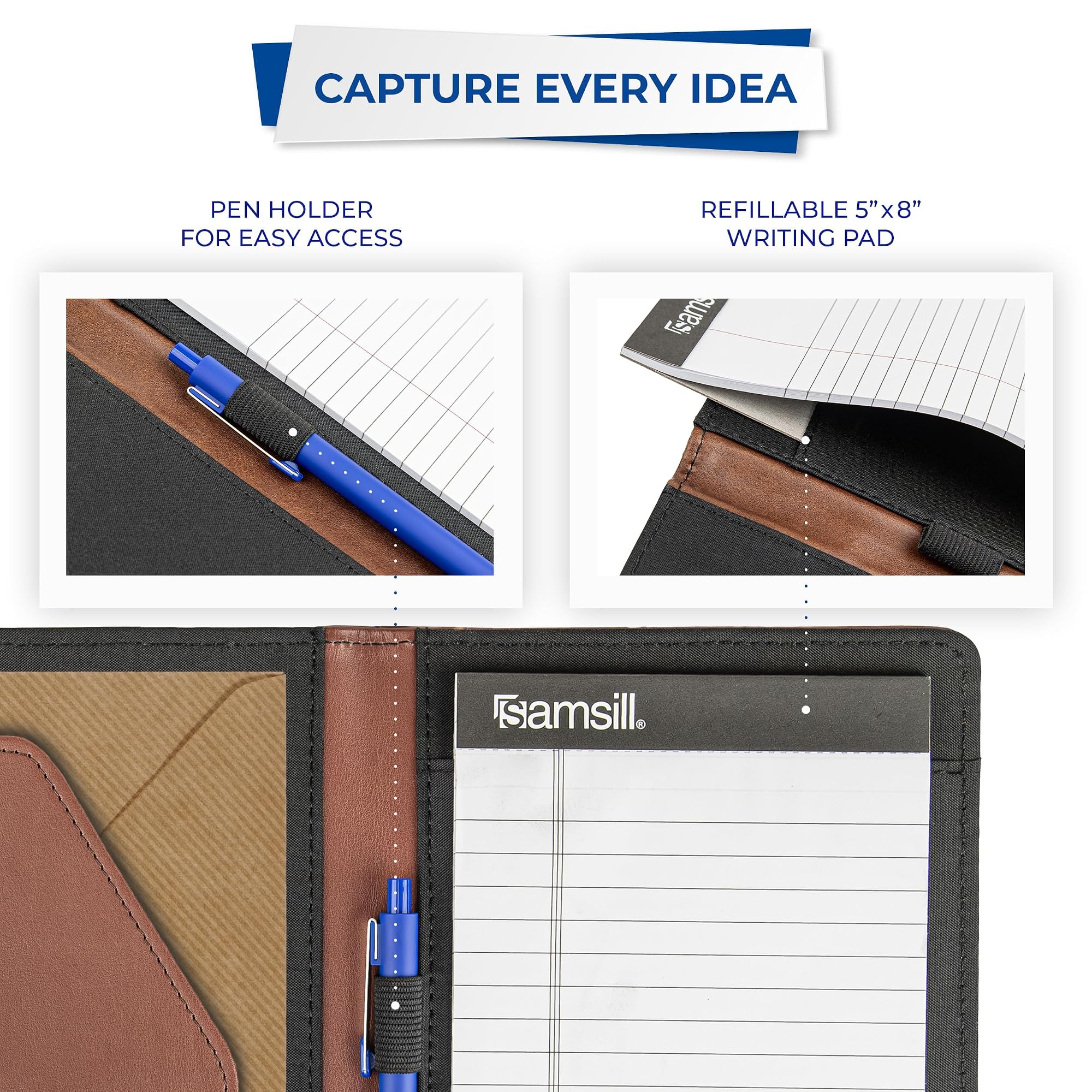 Samsill Contrast Stitch Faux-Leather Portfolio, Mini Size Business Interview Professional Padfolio, Includes 5 x 8 Inch Writing Pad, Brown