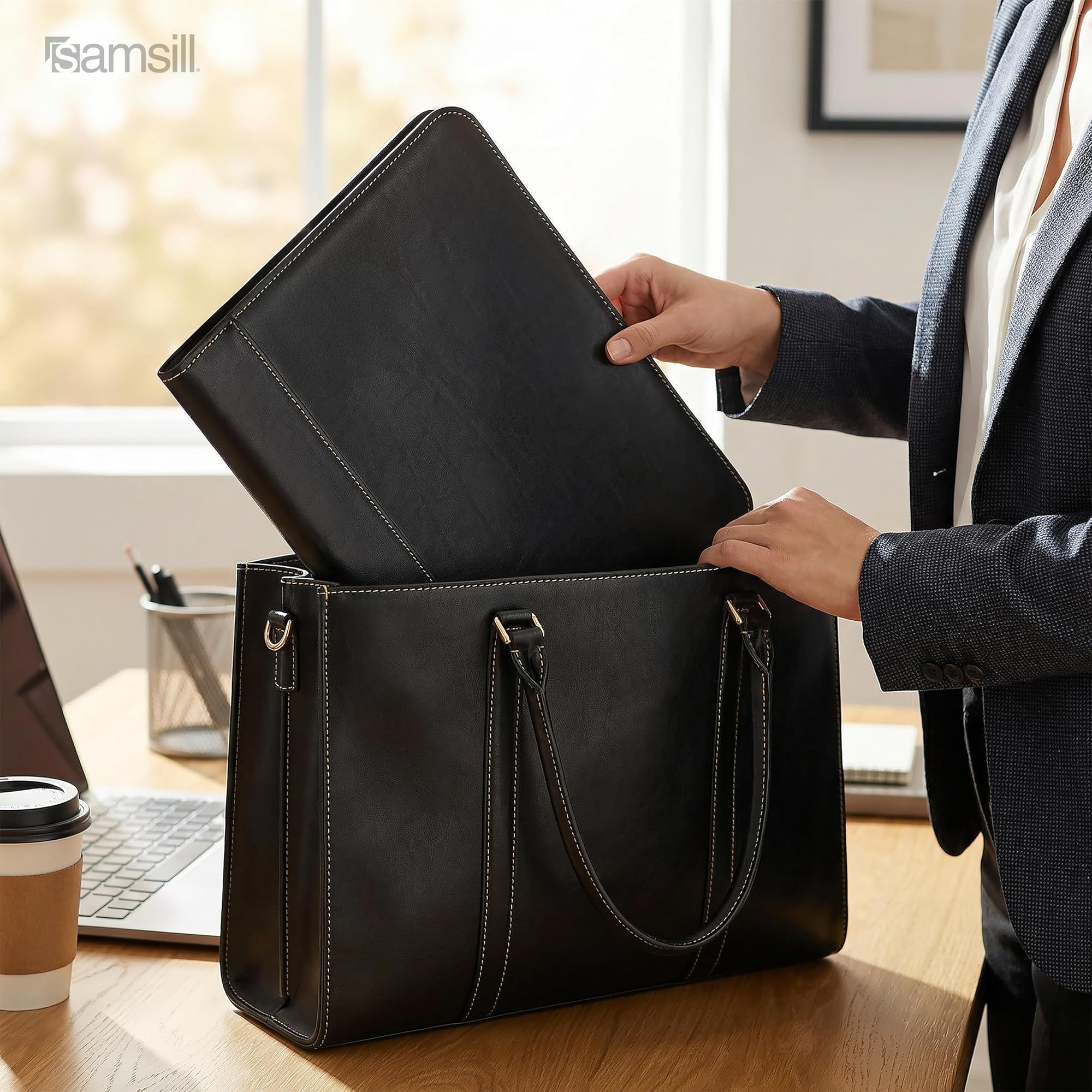 Samsill Contrast Stitch Leather Zippered Portfolio Folder/Business Portfolio for Men and Women, Resume/Document Organizer with Writing Pad, Black (71720)