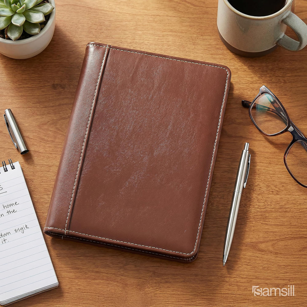 Samsill Contrast Stitch Faux-Leather Portfolio, Mini Size Business Interview Professional Padfolio, Includes 5 x 8 Inch Writing Pad, Brown