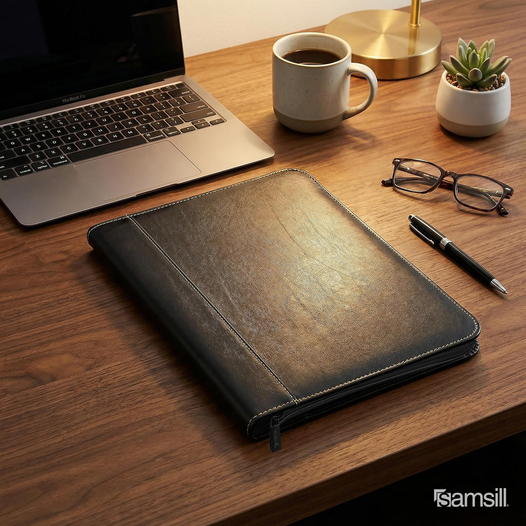 Samsill Contrast Stitch Leather Zippered Portfolio Folder/Business Portfolio for Men and Women, Resume/Document Organizer with Writing Pad, Black (71720)