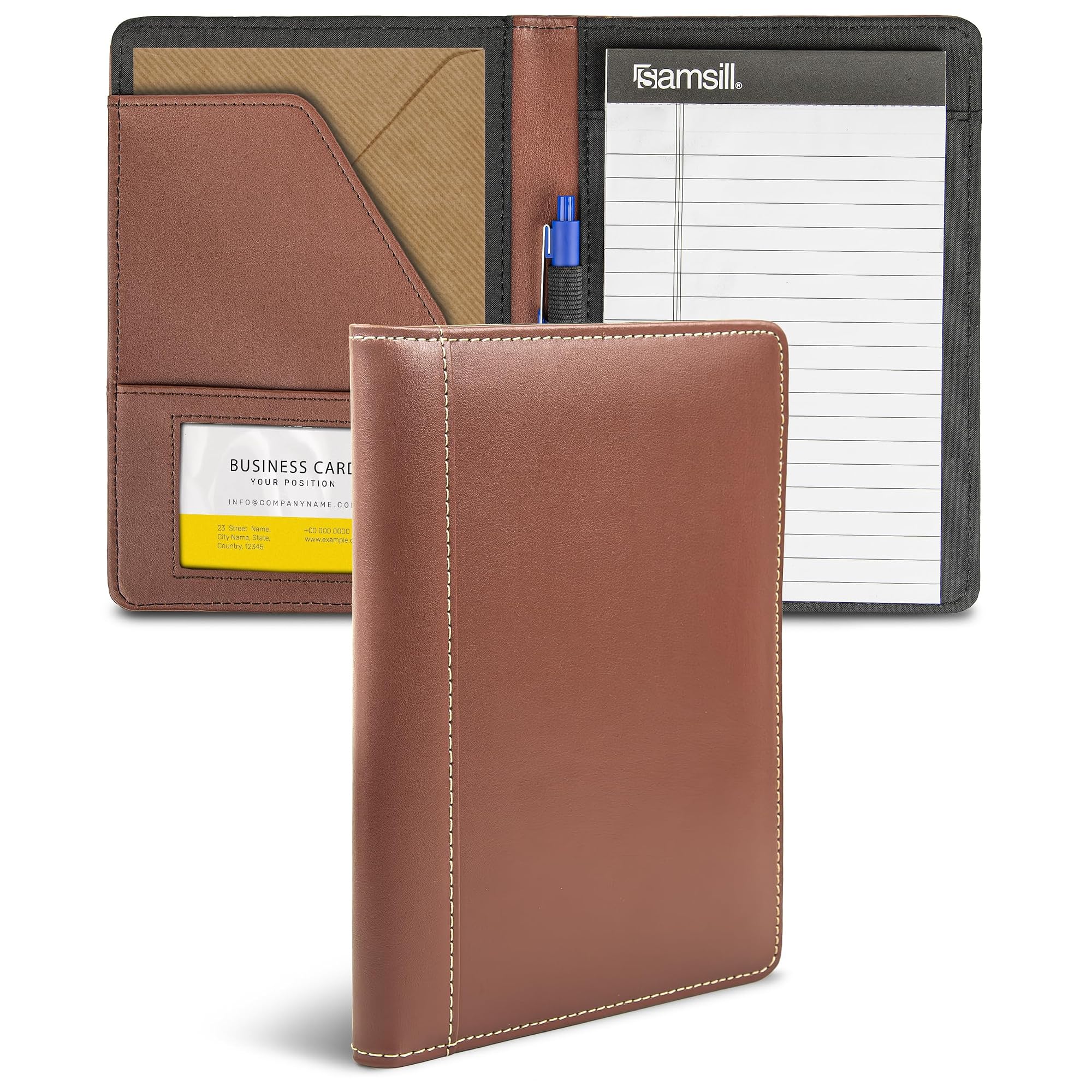 Samsill Contrast Stitch Faux-Leather Portfolio, Mini Size Business Interview Professional Padfolio, Includes 5 x 8 Inch Writing Pad, Brown