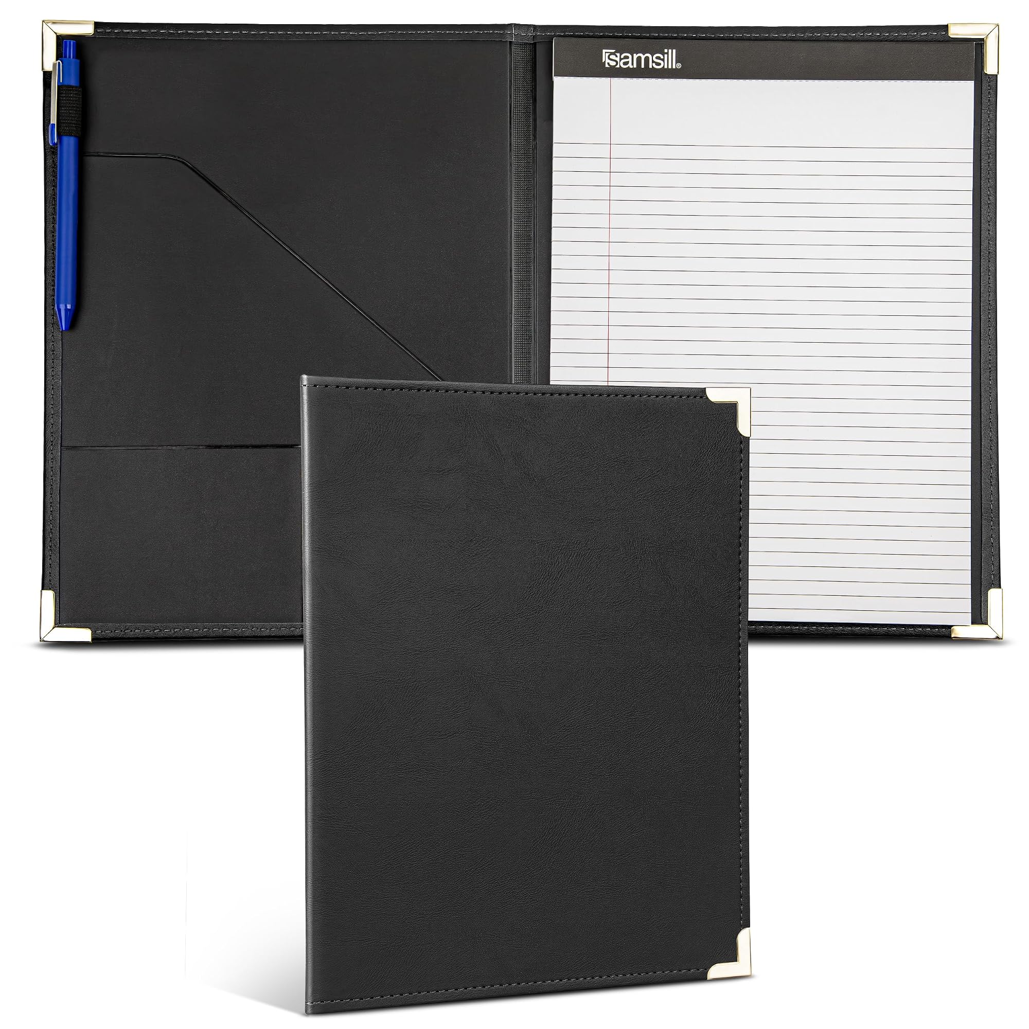 Samsill Classic Collection Business Portfolio - Executive Padfolio for Resume & Document Organizer - 8.5 by 11-Inch Legal Pad, Faux Leather with Brass Corners (Black)